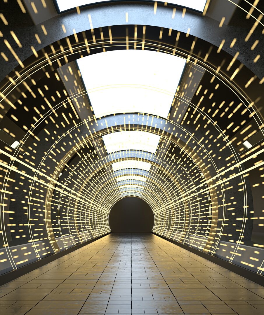 Dark tunnel with a glowing neon light